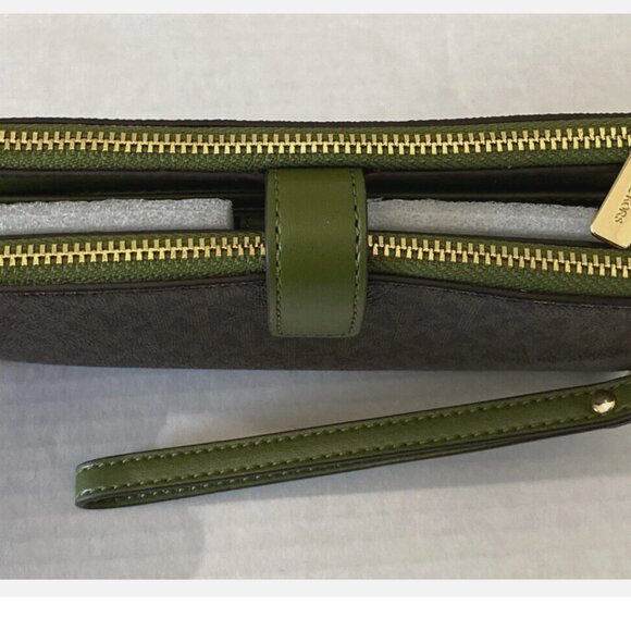New Michael Kors Jet Set Travel Double Zip Wristlet Wallet Brown / Evergreen - Picture 4 of 6